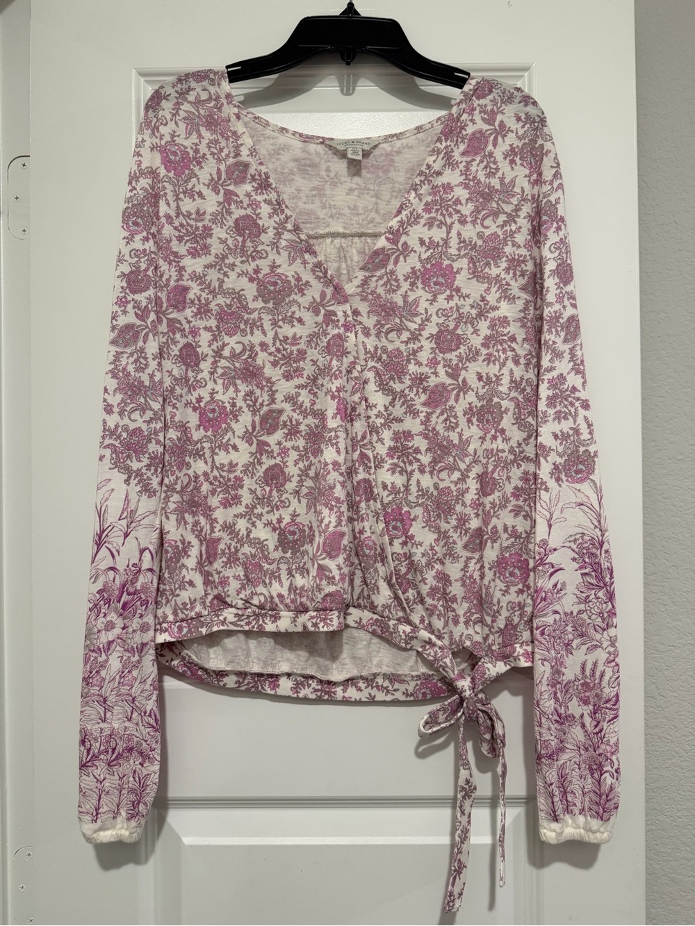 Lucky Brand Floral V-Neck Tie-Hem Long Sleeve Top - Pink Cream